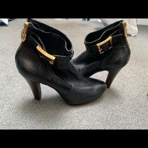 Tory Burch black leather booties gold buckle